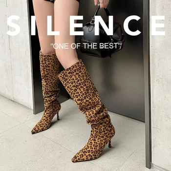 2023 Jeseň Ženy koleno-vysoké topánky prírodná koža plus veľkosť 22-26 cm stádo+cowhide moderné topánky ukázal prst Leopard skladaný topánky